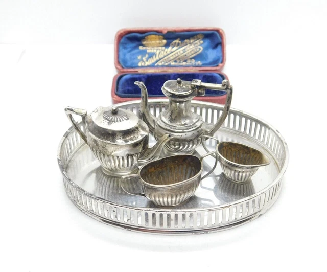 Bambole da tè argento sterling edoardiano 4 pezzi set da tè su vassoio antico 1904