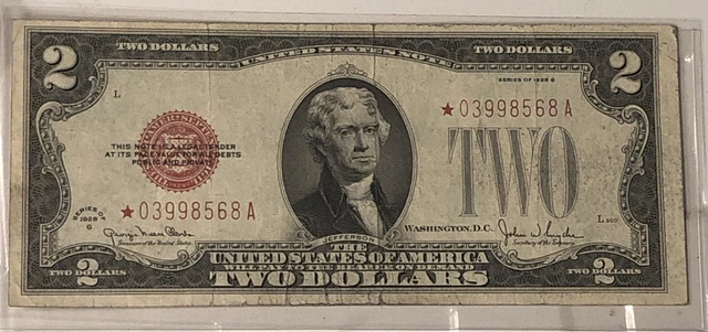 1928 G STAR Note Red Seal $2 Two Dollar U-Grade United States Note Legal Tender