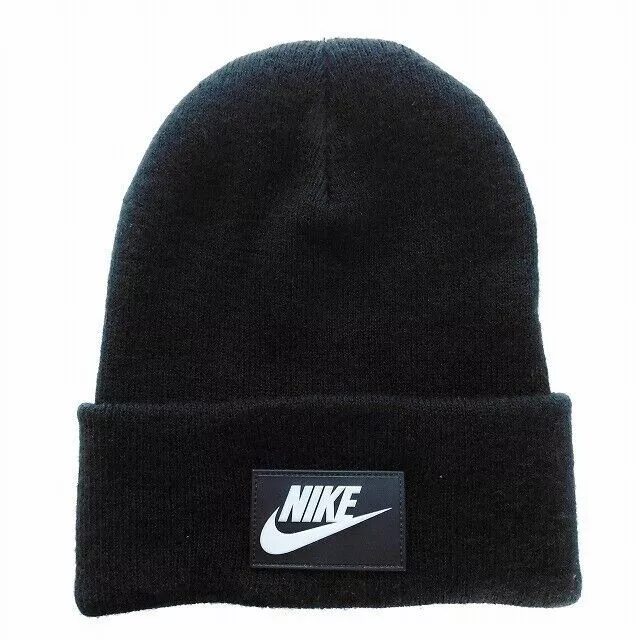 NIKE CUFFED BEANIE Knit Winter Hat Cap Black White Head Cover Warm ...