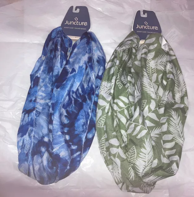 Juncture Infinity Scarves Set Of 2 Blue Tie-dyed & Green W/White Leaves 68”x10”