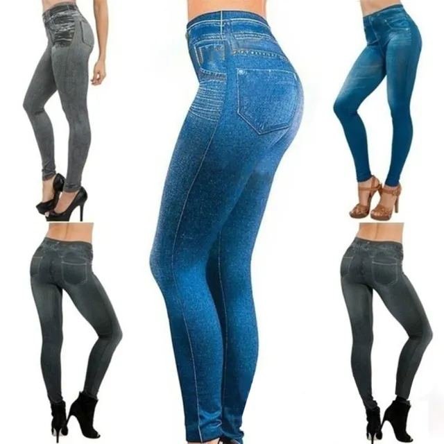 WOMEN SKINNY LEGGINGS Denim Look Jeans Jeggings Stretchy High Waist push up  Pant $15.79 - PicClick