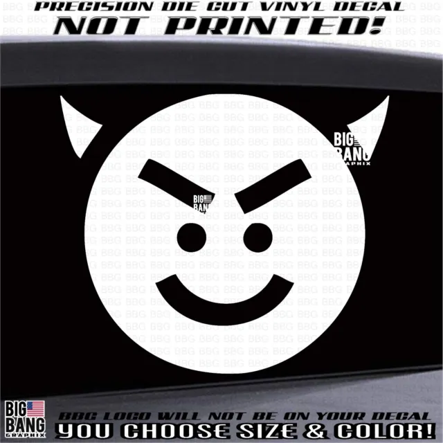 EVIL SMILEY FACE Vinyl Decal Sticker Devil Horns Naughty Smile Funny Mischief