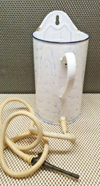 Antik Pressol Klistier 2L Emaille Weiß Meliert -blau Deko Vintage