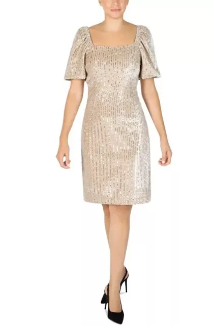 Julia Jordan Women's Sequin Puff Sleeve Velvet Sheath Dress Gray Tan Size 6 2