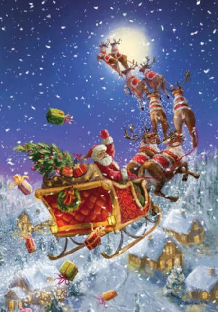Santa Sleigh, Reindeer Merry Christmas Garden Flag 12"x18" Custom Decor, 2 Sided