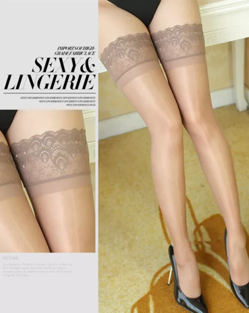 Women Sexy Glossy Thigh High Lace Top Sheer Stockings Stay On Pantyhose Tights