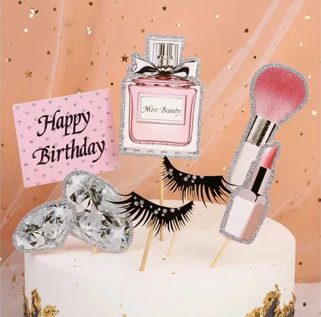 7 PIECES MAKEUP Cupcake Toppers Happy Birthday Glitter Cosmetics Theme