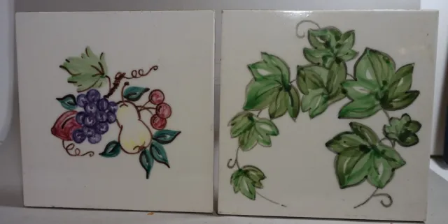 BAB96 PAIR (2) ART POTTERY TILES, Marked PT hand painted Ivy and flowers