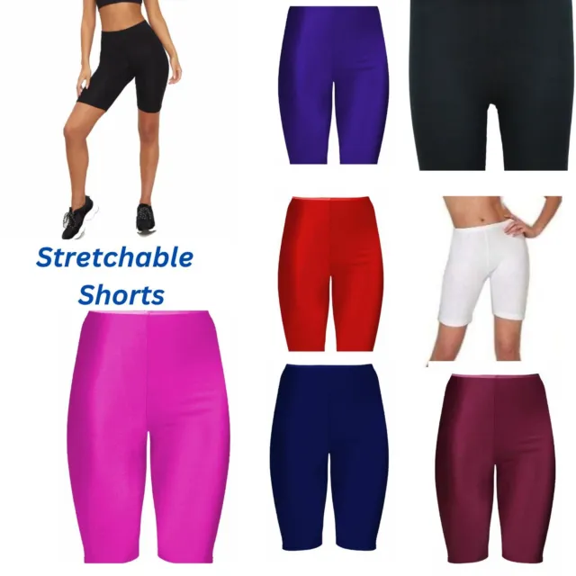 Womens Nylon Cycling Shorts Plain Shiny Lycra Stretchy Dance Sports Short  Pants