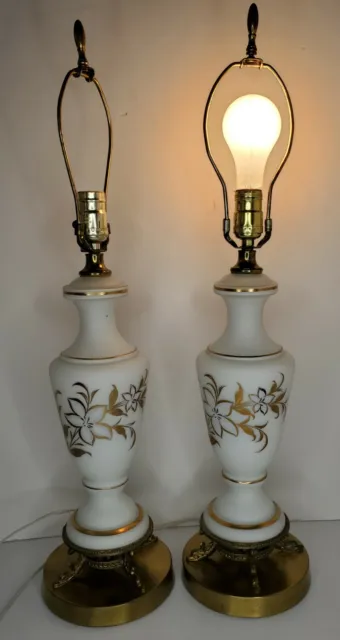 Pair of French White Glass Hand painted w/Gold, Brass Bases Hollywood Regency