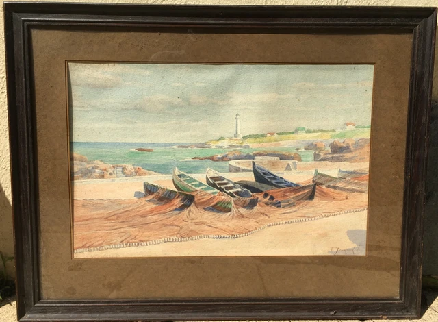 Aquarelle signée Dumoulin Paysage marin phare voilier port de Biarritz Basque