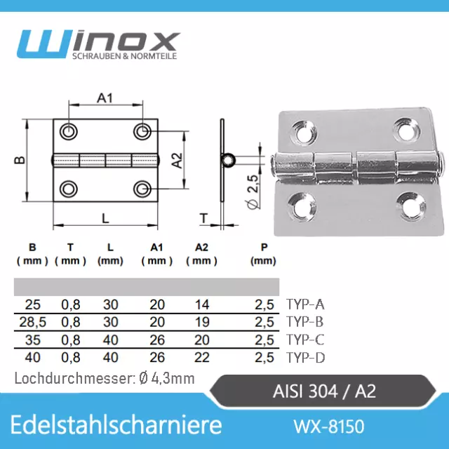 Scharnier Scharniere V2A V4A  Türscharnier Möbelscharnier Türband | 35x40x0,8mm