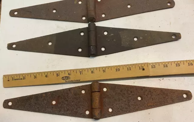3 Vintage 16'' Farm Barn Door Gate Hand Forged Strap Hinges Great Patina Set