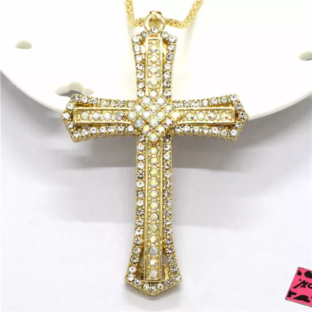 New Betsey Johnson White Cute Prayer Cross Bling Crystal Pendant Chain Necklace