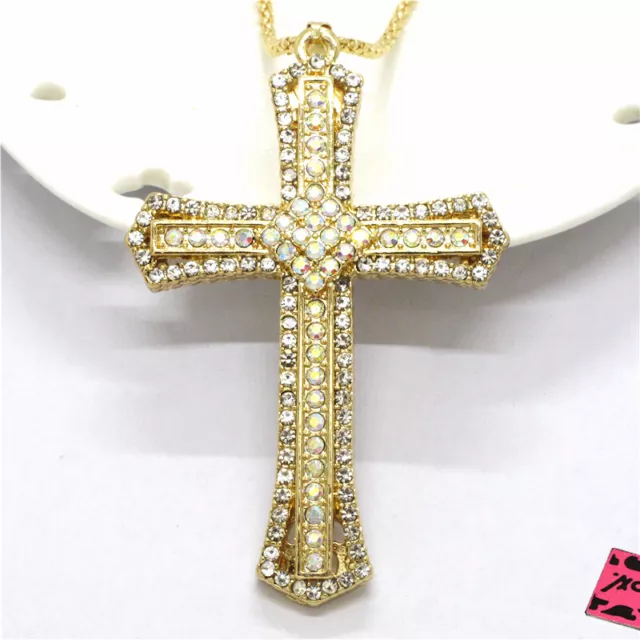 New Fashion Women White Cute Prayer Cross Bling Crystal Pendant Chain Necklace