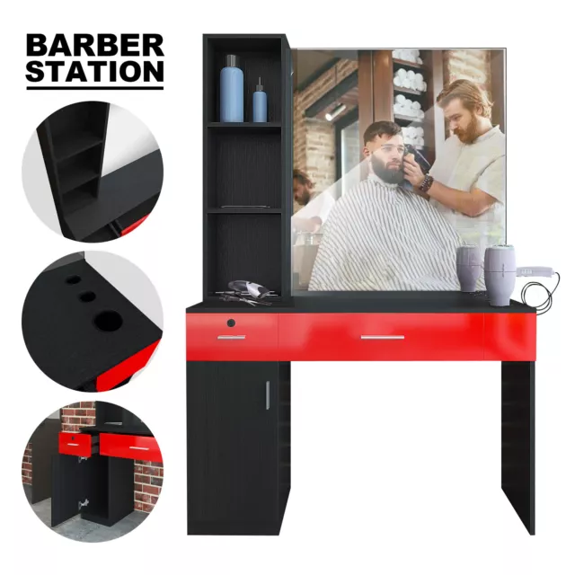 Artist hand Wall Mounted Salon Barber Hair Stylist Stations w/Mirror (Black+Red)