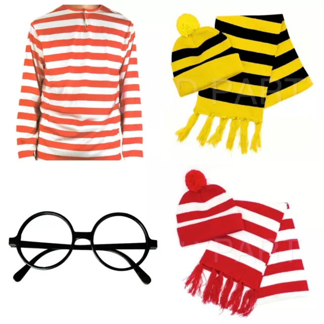 Wheres Wally Beanie Glasses Scarf Red & White Stripe Shirt Costume Set Book Week