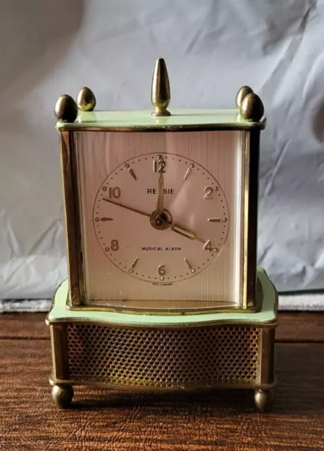 Vintage Rensie Musical Alarm Wind-Up Brass Mint Green Clock WE51