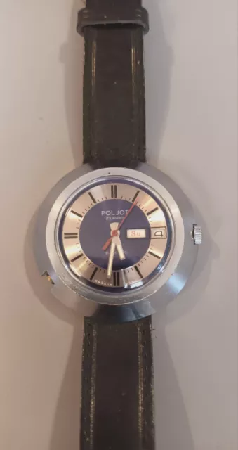 Vintage POLJOT Blue Ufo Automatic Watch Russian USSR Working Order Leather Strap