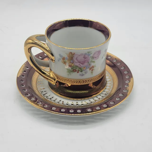 KPM Porcelain Tea Coffee Cup & Saucer Gold Burgundy Trim With Flowers Vintage 3