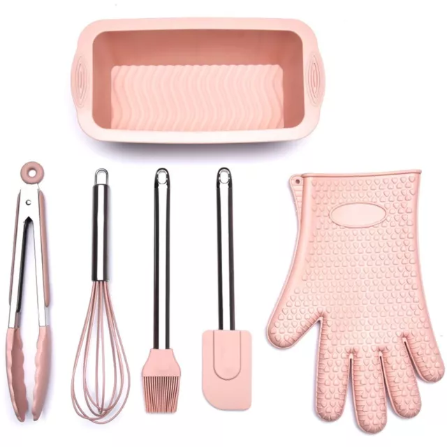 6pc Silicone Baking Set - Heat Resistant Spatula Brush Mould Whisk Tongs & Glove