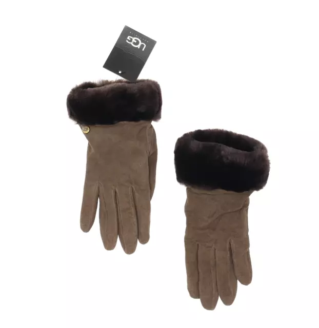 Ugg L54703 Womens Brown Leather Shearling Cuff Wool Lining Gloves Size M