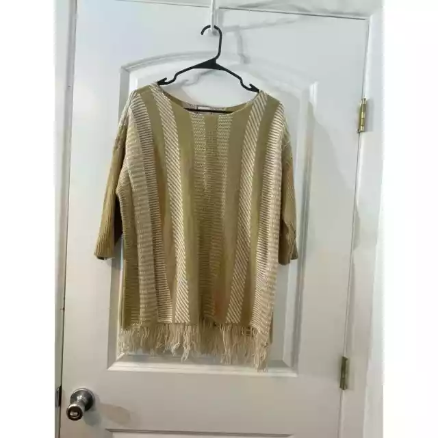 Chico’s Filipa Boho Tan Striped Fringe Hem Knit Sweater, Size Medium