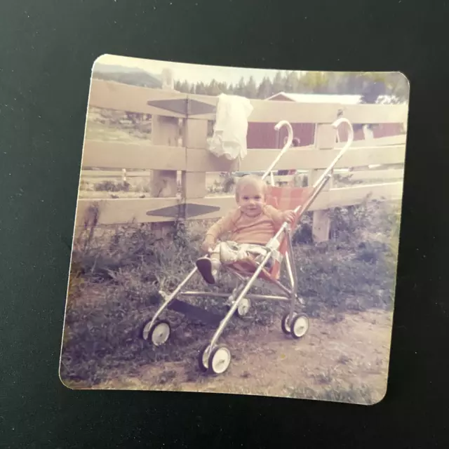 VTG Snapshot Photo 1970s Baby Toddler in Stroller at Farm Ranch