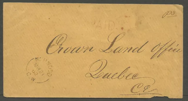 1862 Stampless Cover Paid Split Ring Norwood CW to Quebec
