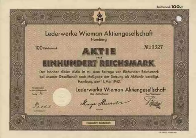 Lederwerke Wiemann 1942 Hamburg Eschweiler Buxtehude 100 RM Historische Aktien