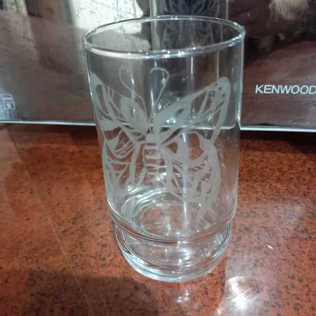 Glass Tumbler Drinking glass with etched Butterfly design