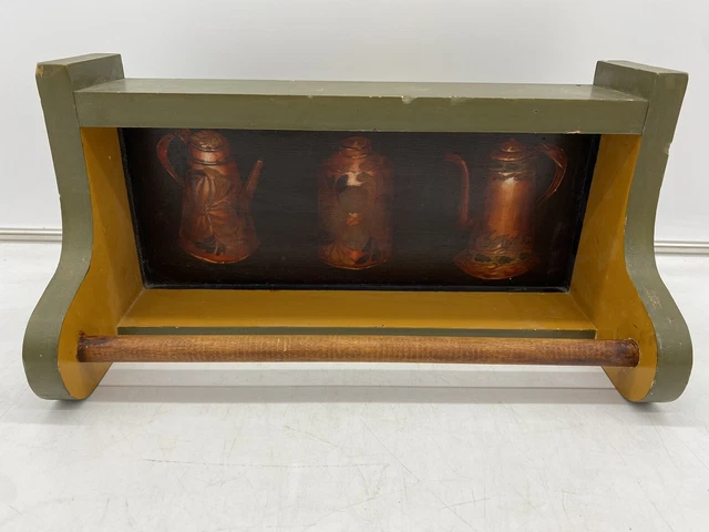 Hand Painted Wood Towel Holder w/Antique Pots or Paper Towel Rack Avocado Green