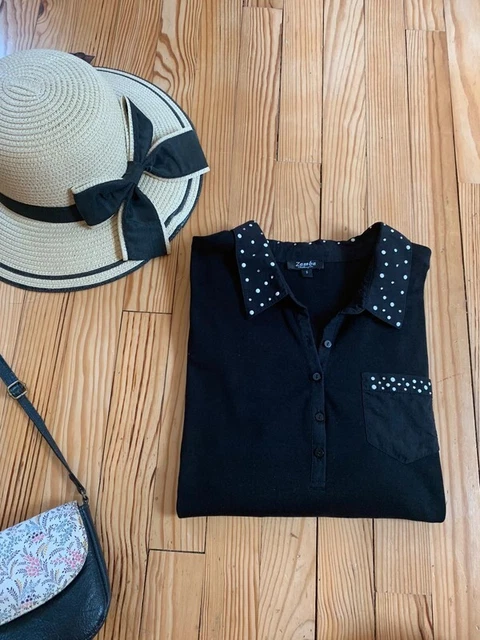T Shirt Polo Col Chemise Noir Perle Blanc Strass Manche Longue Decollete Bouton