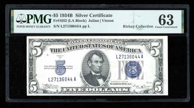 DBR 1934-B $5 Silver Fr. 1652 Vinson LA Block PMG 63 Serial L27136044A