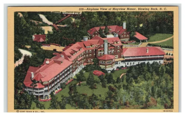 Postcard Linen NC Mayview Manor Hotel Aerial View Blowing Rock North Carolina