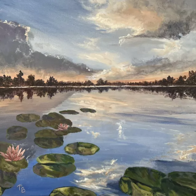 Water Lillies Lily Pads Seascape Landscape Clouds Water Reflection, Lg Painting