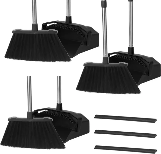 Broom with Dustpan Combo Set 3-Pack, Brooms and Dustpans Sets with Long Handle,