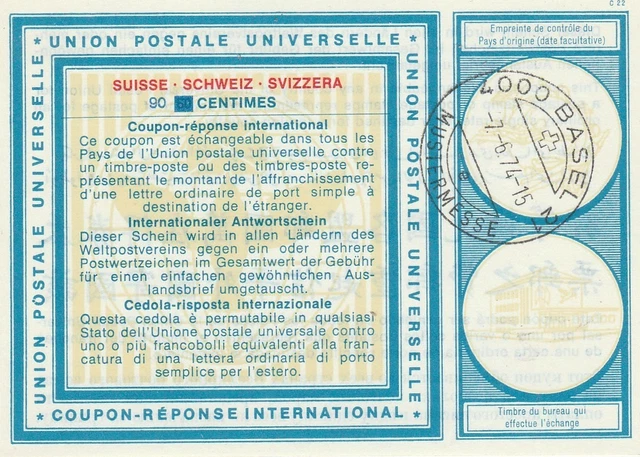 Switzerland International Reply Coupon  90c on . Basel