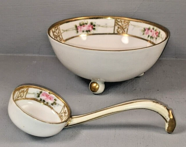 Vtg Nippon Hand Painted Porcelain Footed Condiment Serving Soup Bowl Ladle 4.5"