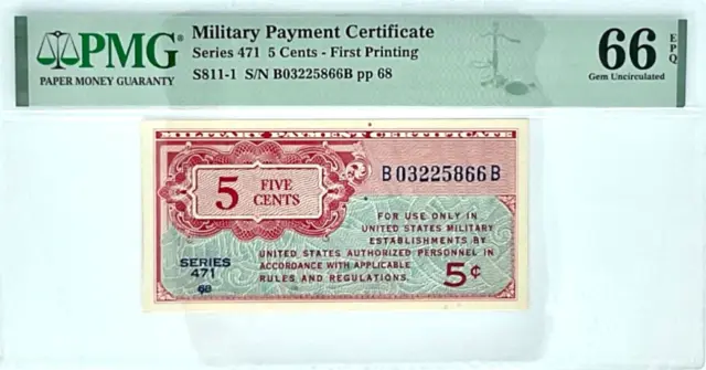Series 471 US Military Payment Certificate (MPC) 5 Cents, First Printing, PMG 66