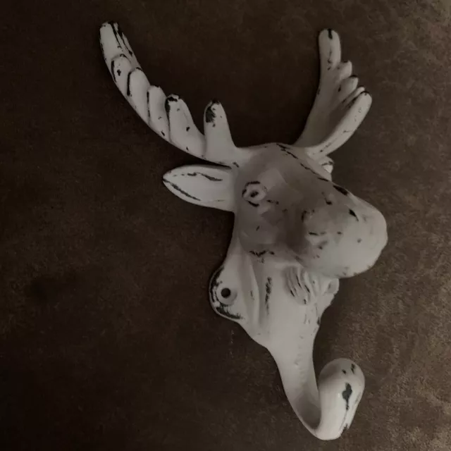 6 1/2" Distressed White Cast Iron Moose Head Wall Mounted Coat Hat Towel Hook