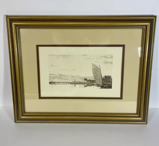 vintage etching G Mercer style unsigned framed high quailty Harbor Nautical