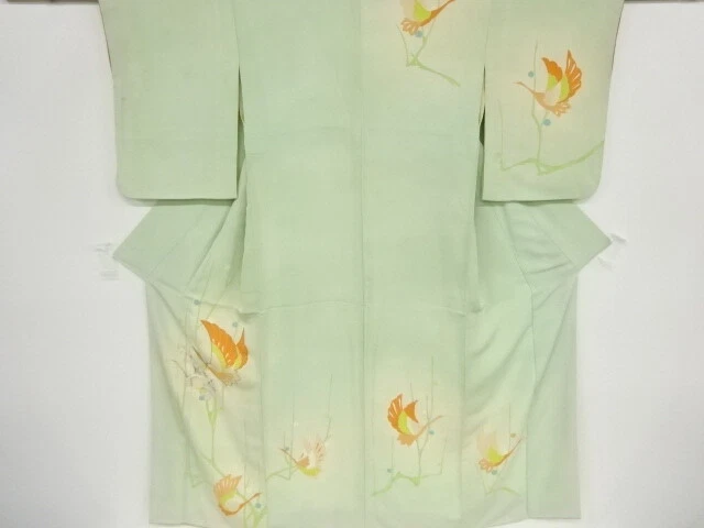 37411# Japanese Kimono / Antique Kimono / Embroidery / Cranes & Flower Bud