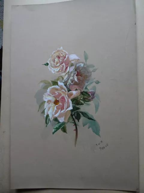 Original Aquarellmalerei WTeerosen rose Karton signiert  J.v.H. 06