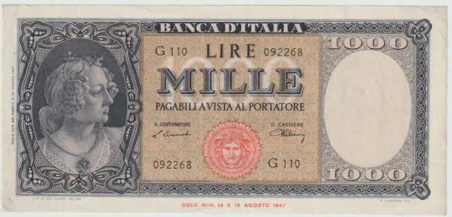 Italy 1000 Lire Banknote 1947 About Uncirculated Condition Pick#83