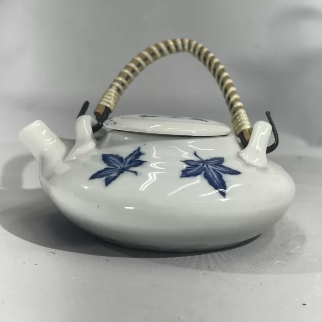 Antique Japanese Blue And White Maple Leaf Teapot