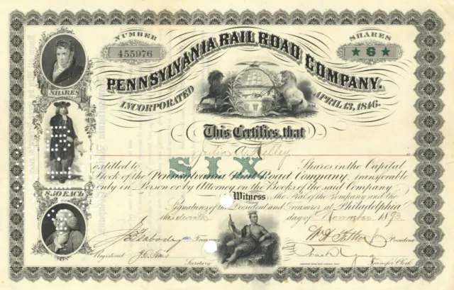 Pennsylvania Rail Road Co. - 1887-93 dated Railway Stock Certificate - 5 Differe