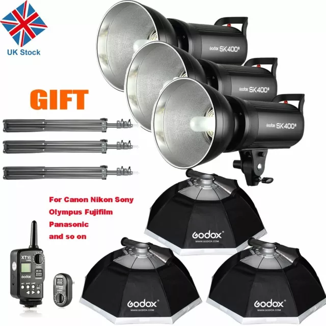 UK 1200w 3x Godox 400w SK400II Photography Studio Strobe Flash Light Softbox