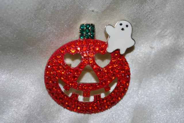 Orange Crystal Pumpkin Ghost Pin Halloween Jack O Lantern Spooks Ghouls Casper