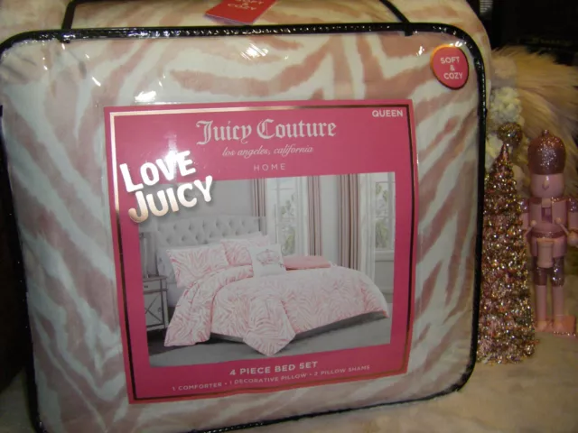 Juicy Couture Pink Zebra Bed Set QUEEN Comforter Pillow Shams Pillow 4 Piece Set